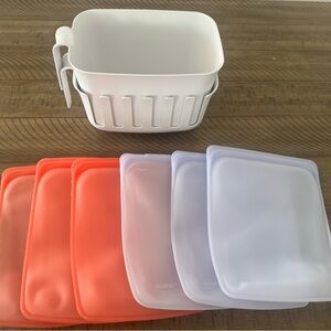 Stasher Silicone Reusable Bags and Youcopia drying rack with storage bin EUC